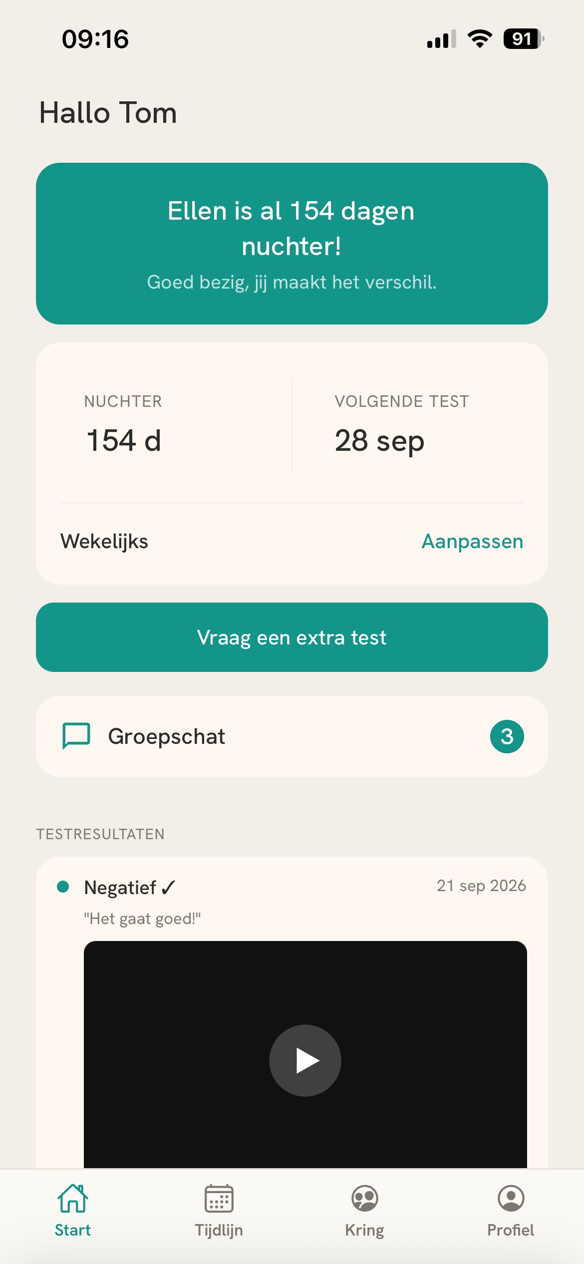 Startscherm van Sobreasy: Ellen is al 154 dagen nuchter, volgende test en het laatste testresultaat