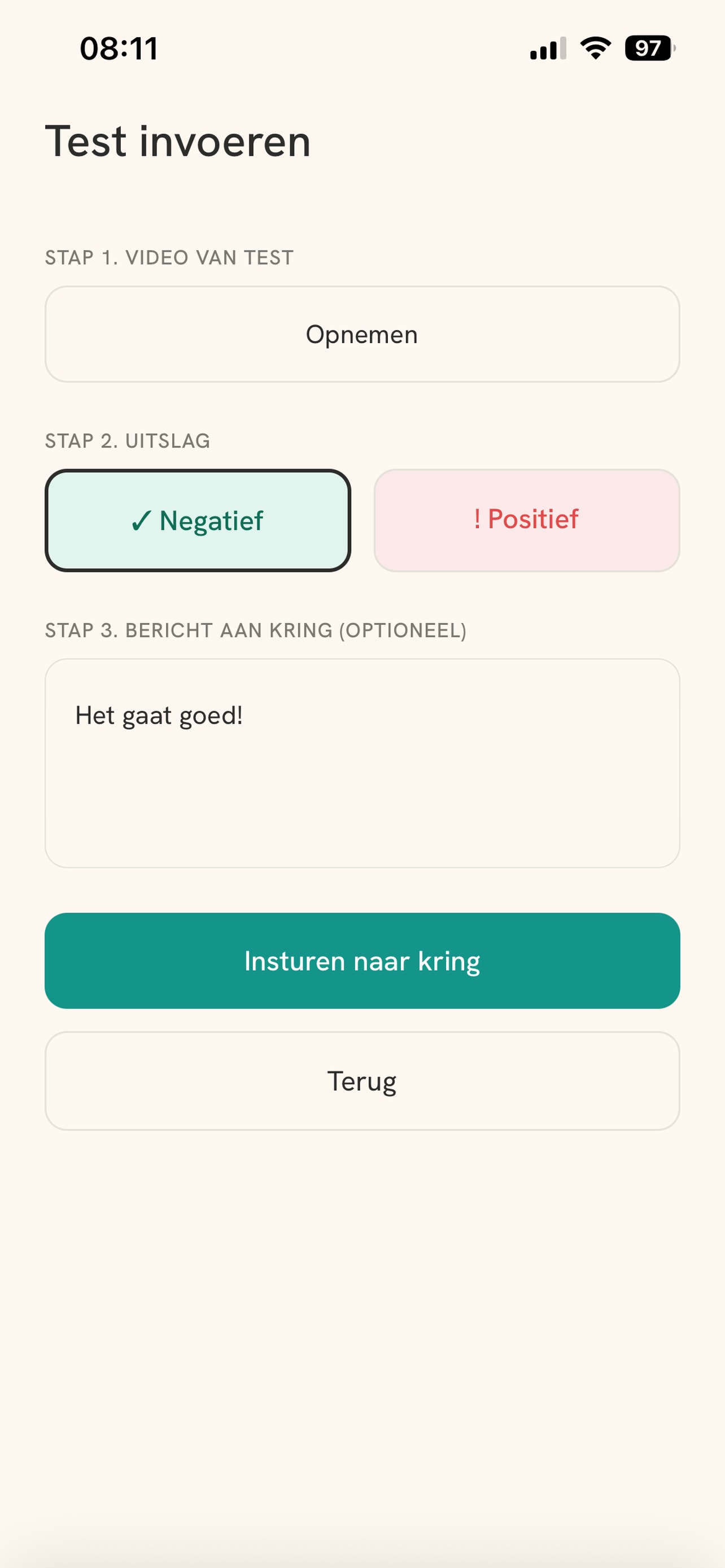 Test invoeren: video opnemen, uitslag kiezen en een bericht aan de kring