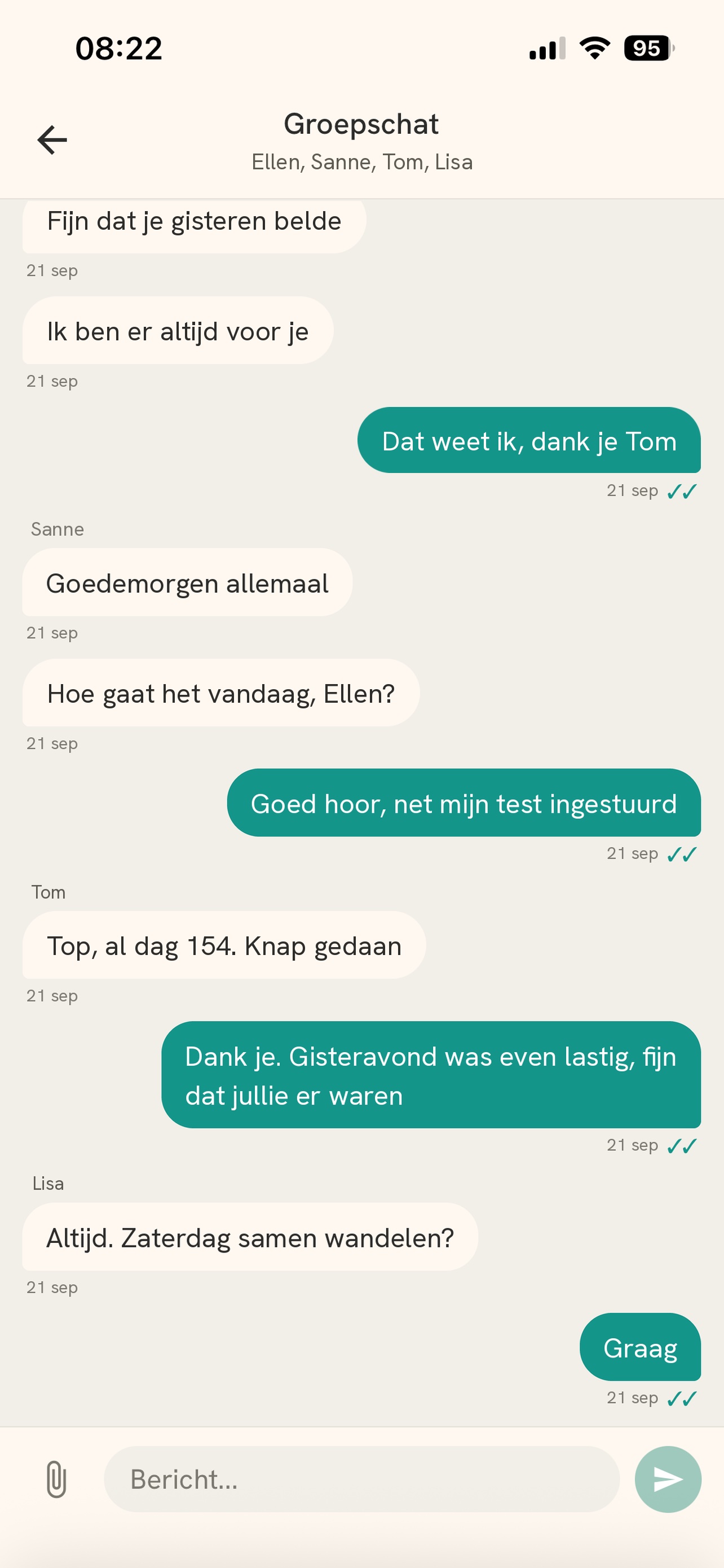 Groepschat van Ellen met Sanne, Tom en Lisa