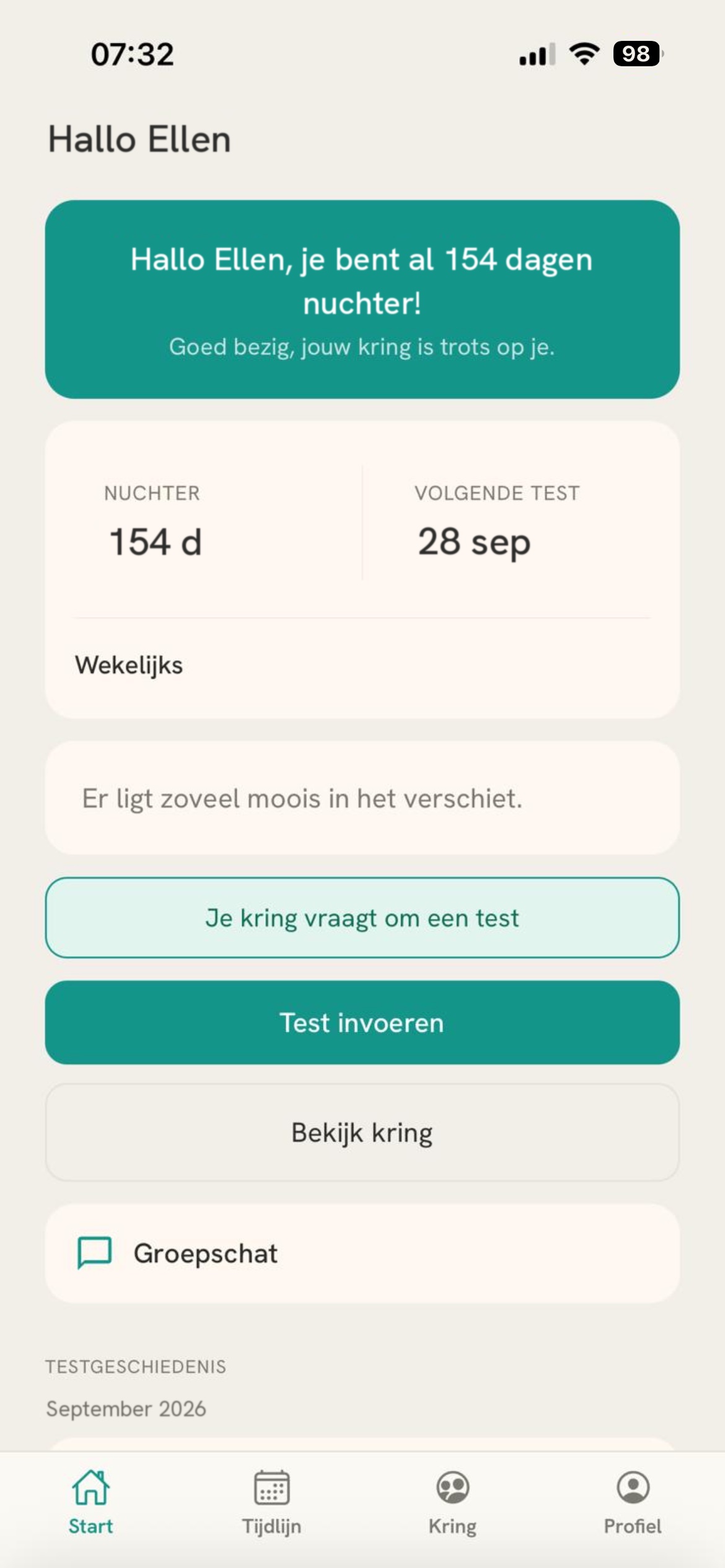 Startscherm van Ellen met de melding: Je kring vraagt om een test