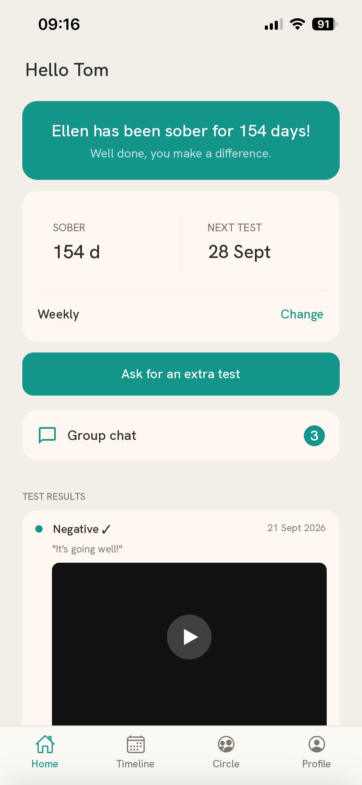 Sobreasy home screen: Ellen has been sober for 154 days, the next test and the latest test result