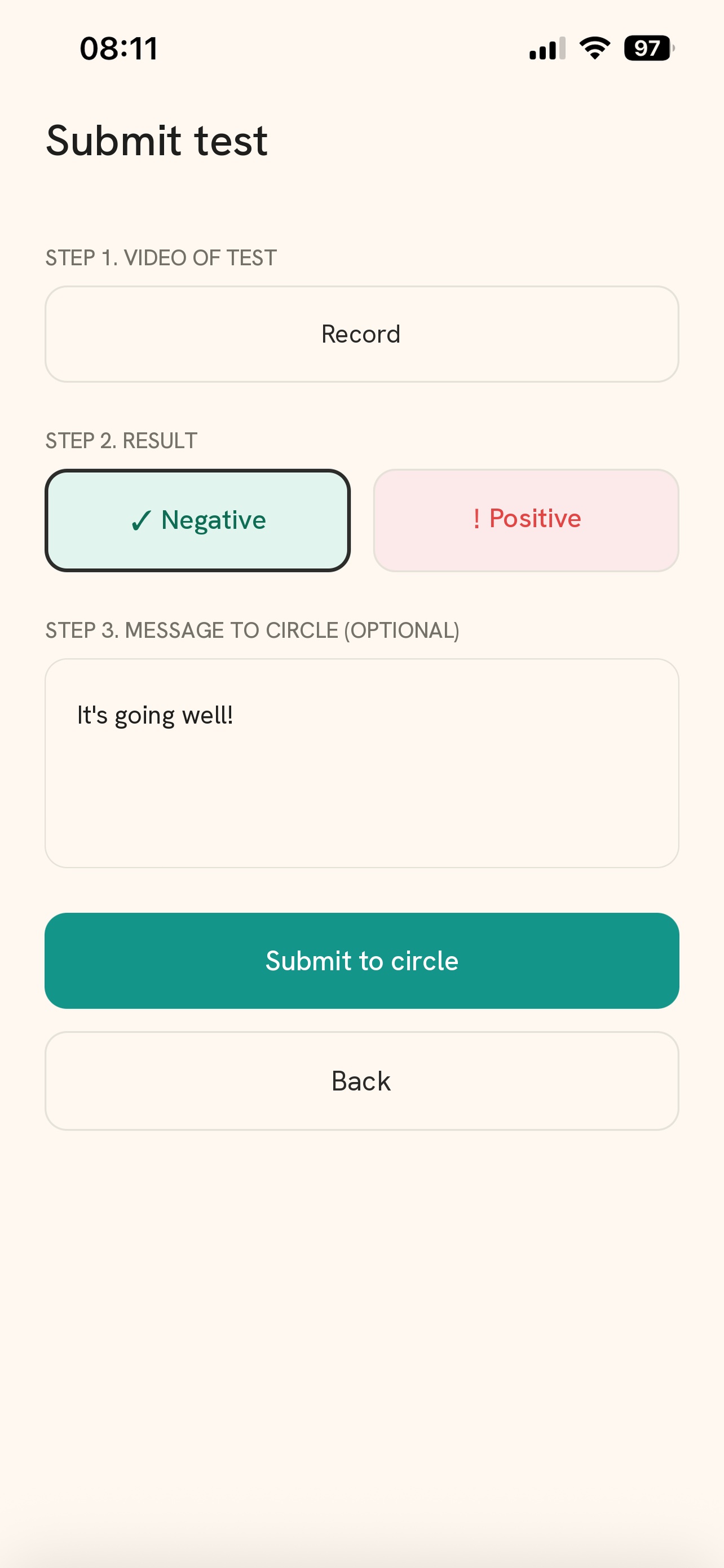 Submit test: record a video, choose the result and add a message for the circle