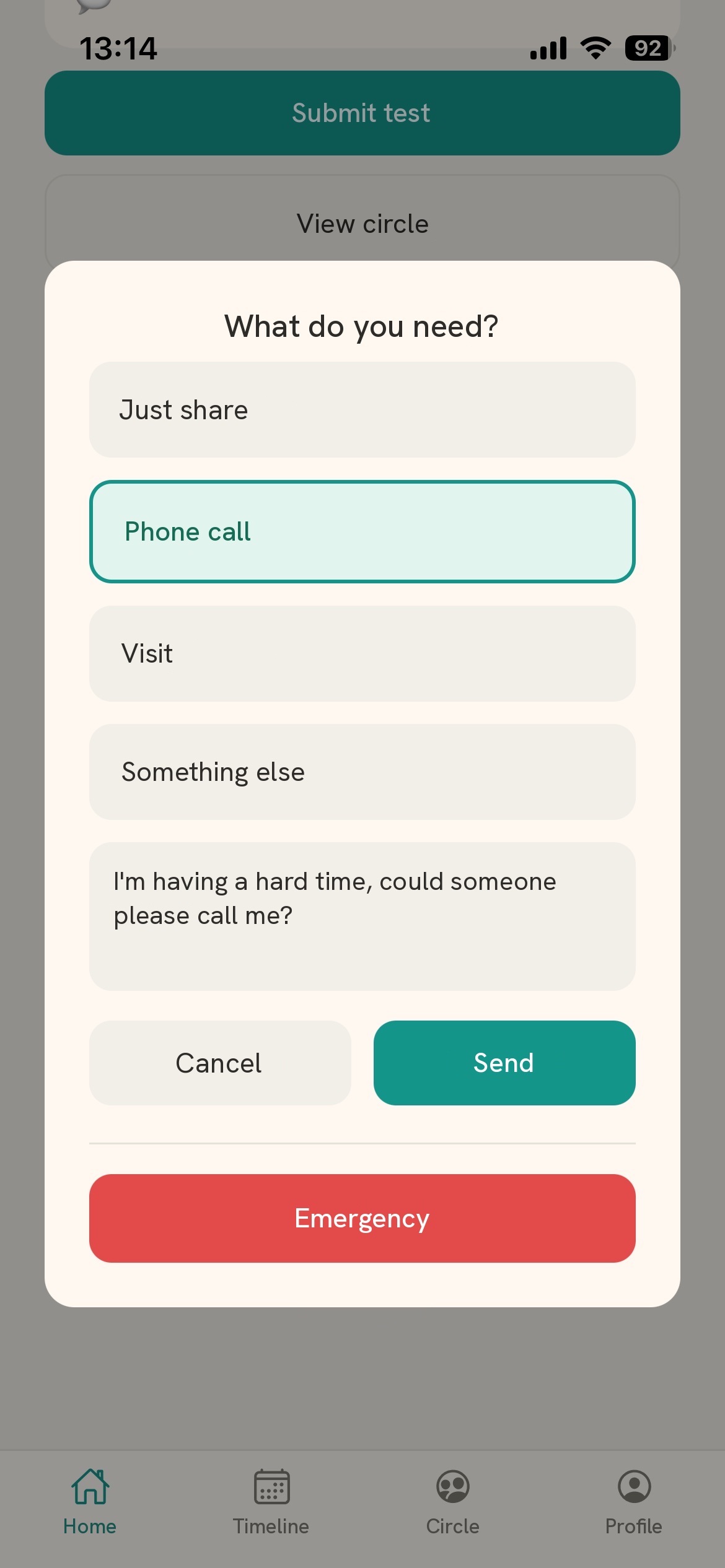 Screen after tapping I'm struggling right now, with options such as a phone call, a visit and emergency
