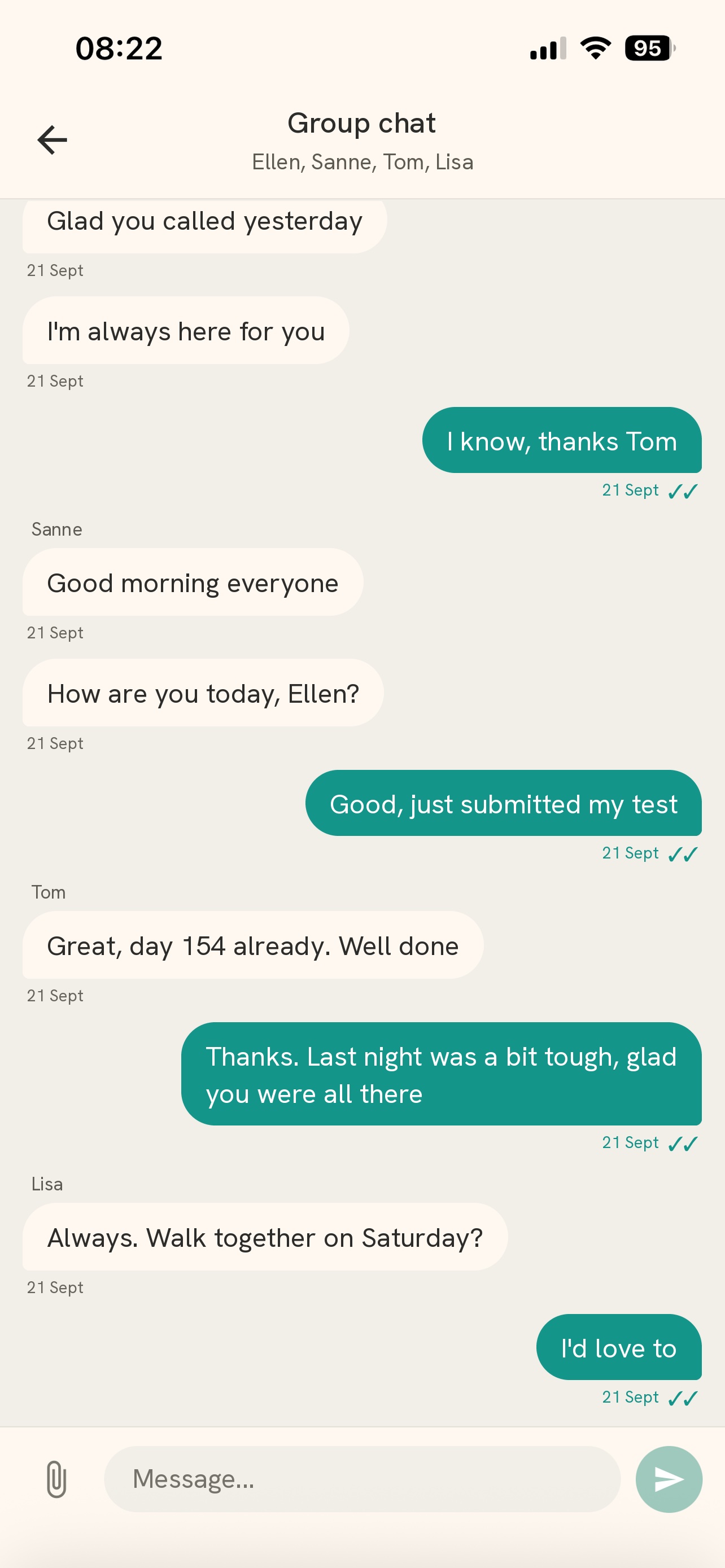 Ellen's group chat with Sanne, Tom and Lisa