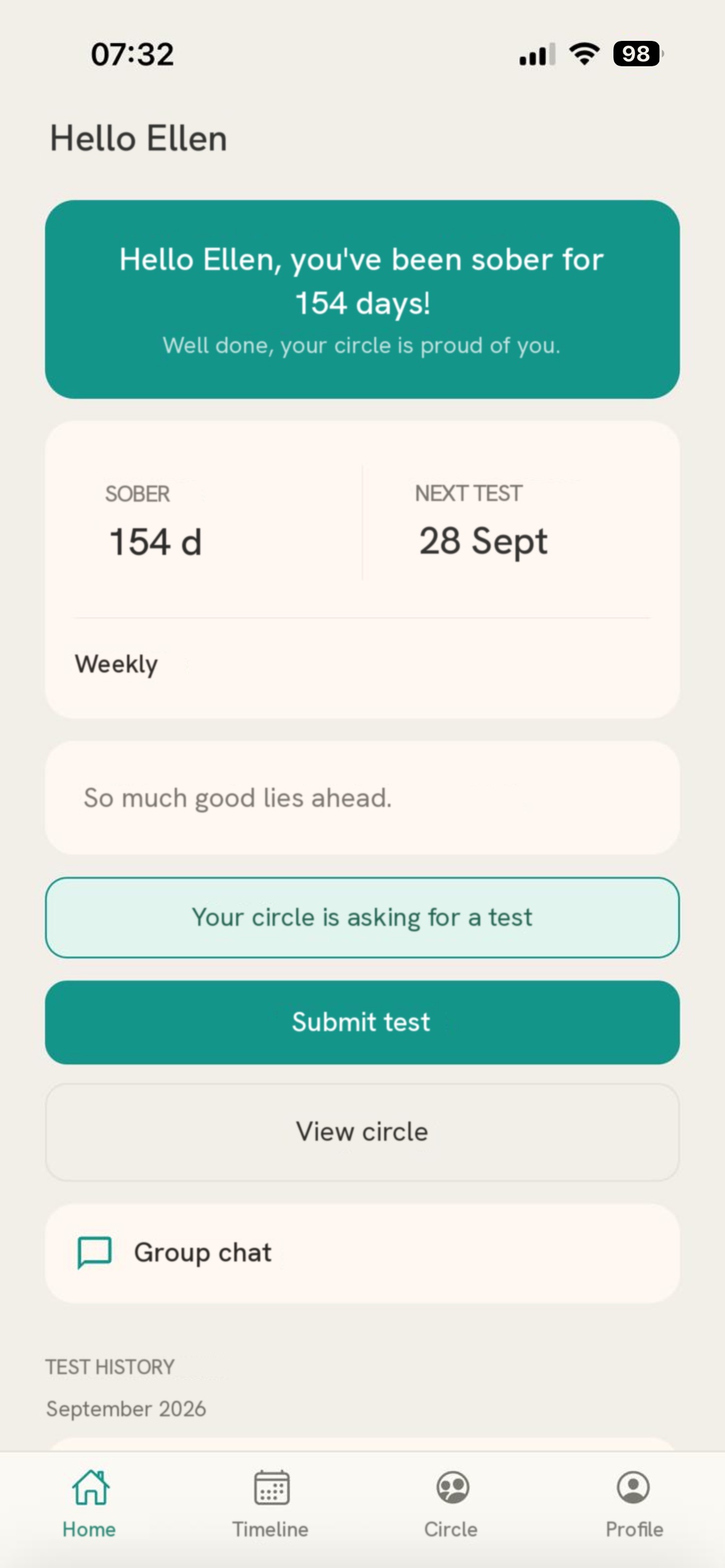 Ellen's home screen with the message: Your circle is asking for a test